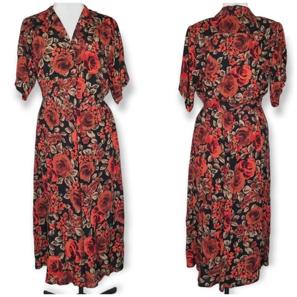 Vintage Modest Black Collared Midi Dress With Orange Flowers Elastic Waist - Picture 1 of 10
